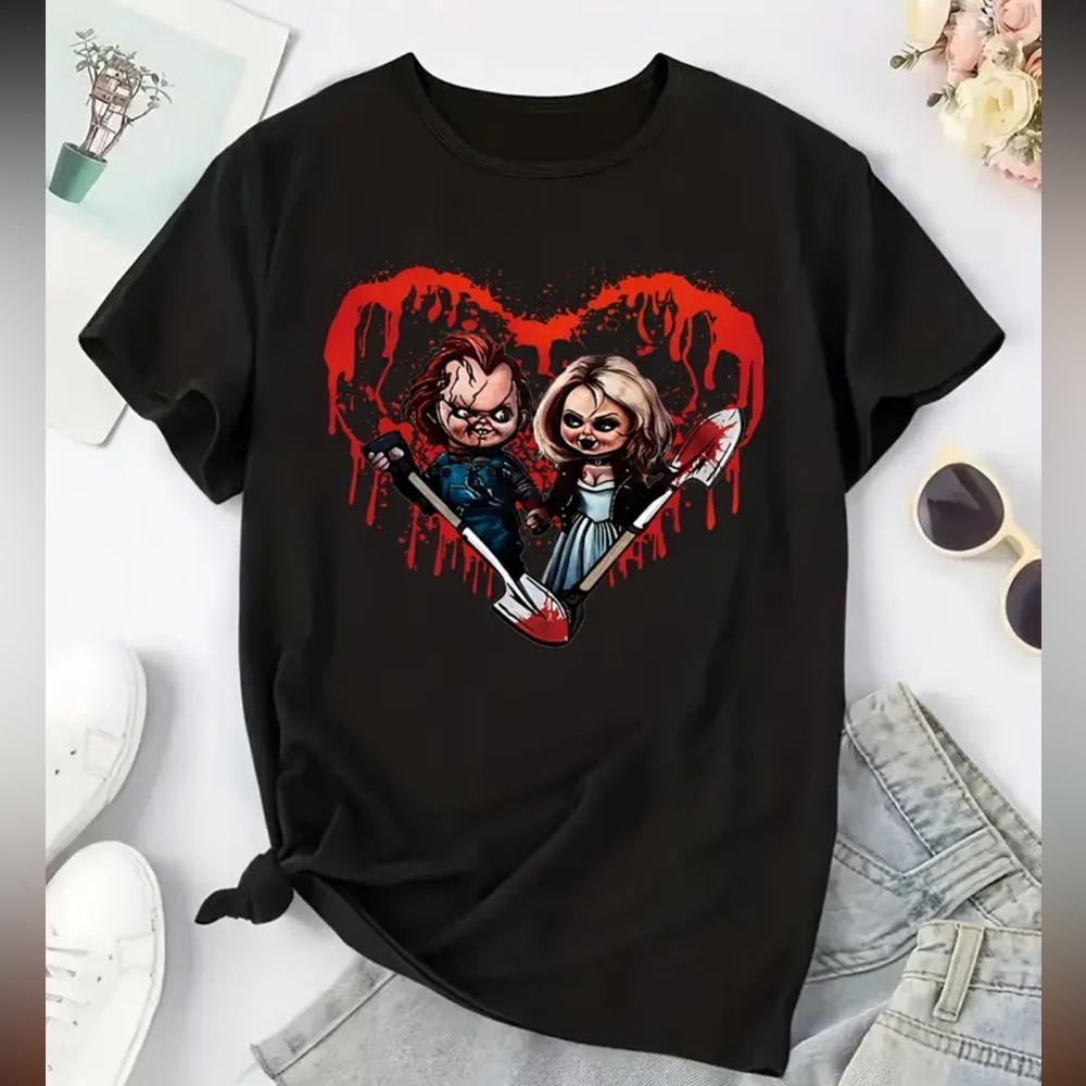 719. ❤️ Women’s Casual Short Sleeve Chucky & Bride Horror Shirt